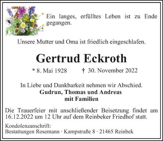 Traueranzeige von Gertrud Eckroth von Bille Wochenblatt, Bergedorfer Zeitung