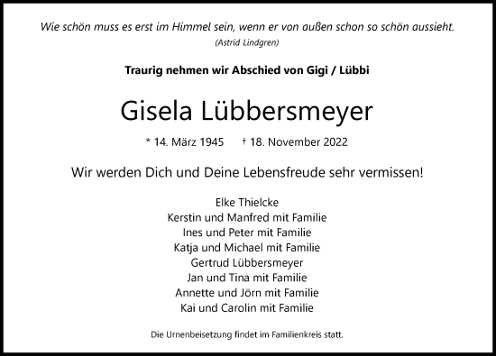 Traueranzeige von Gisela Lübbersmeyer von Hamburger Abendblatt