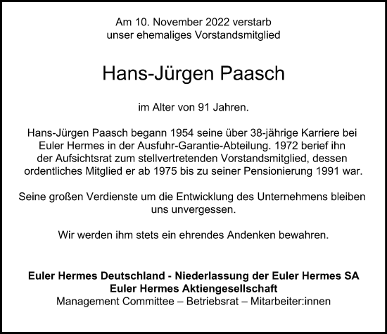 Traueranzeige von Hans-Jürgen Paasch von Hamburger Abendblatt