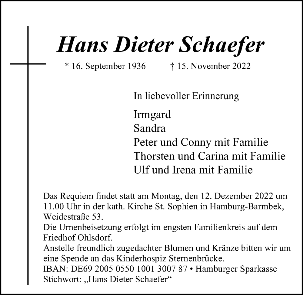  Traueranzeige für Hans Dieter Schaefer vom 03.12.2022 aus Hamburger Abendblatt