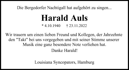 Traueranzeige von Harald Auls von Hamburger Abendblatt