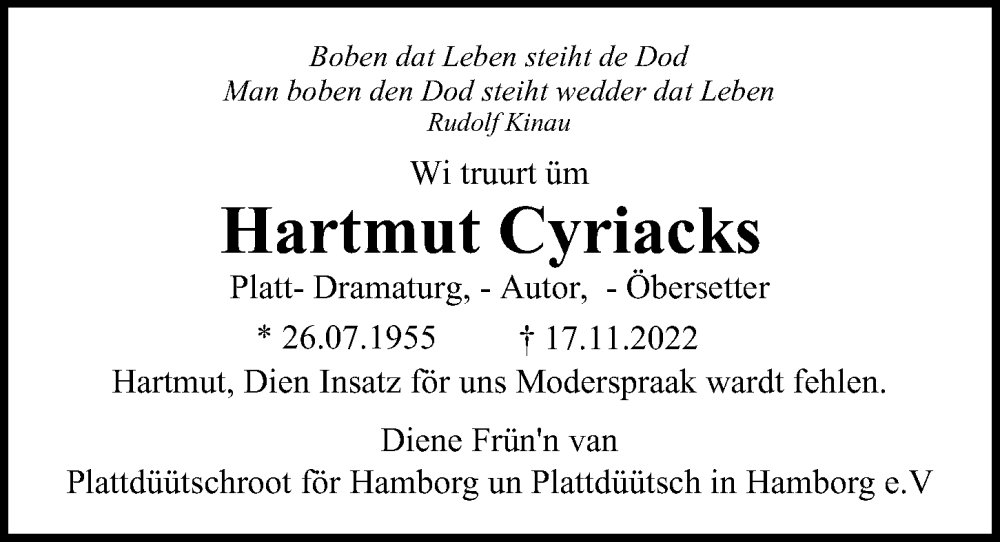  Traueranzeige für Hartmut Cyriacks vom 03.12.2022 aus Hamburger Abendblatt