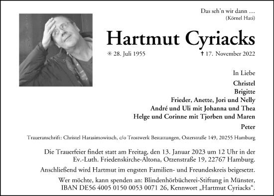 Traueranzeige von Hartmut Cyriacks von Hamburger Abendblatt