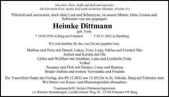 Traueranzeige von Heimke Dittmann von Hamburger Abendblatt