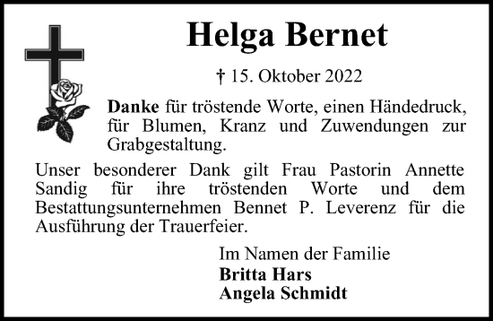 Traueranzeige von Helga Bernet von Bille Wochenblatt