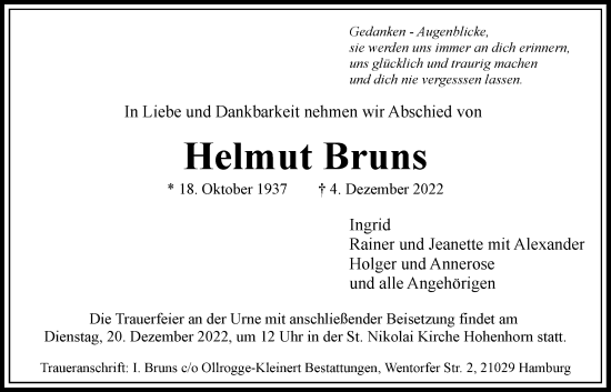 Traueranzeige von Helmut Bruns von Bergedorfer Zeitung