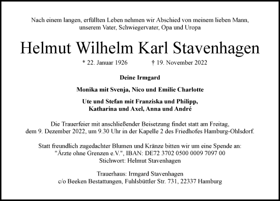 Traueranzeige von Helmut Wilhelm Karl Stavenhagen von Hamburger Abendblatt