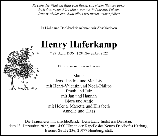 Traueranzeige von Henry Haferkamp von Hamburger Abendblatt