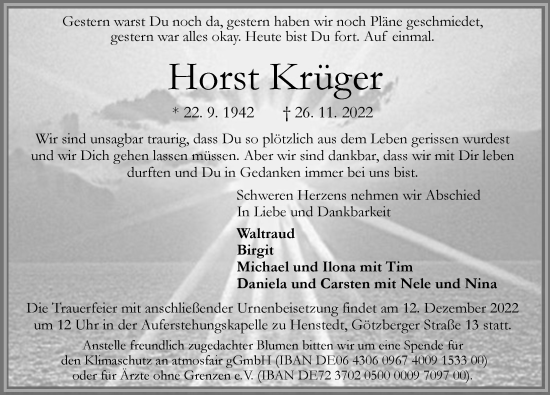 Traueranzeige von Horst Krüger von Hamburger Abendblatt