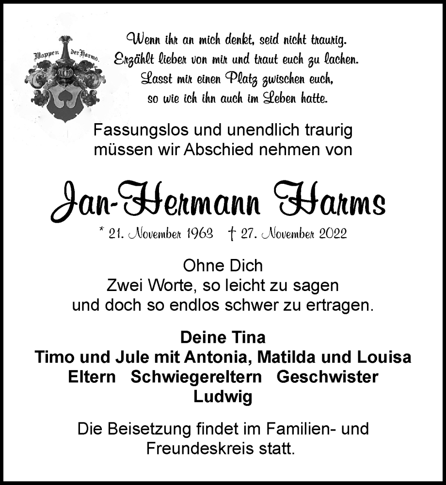  Traueranzeige für Jan-Hermann Harms vom 10.12.2022 aus Hamburger Abendblatt