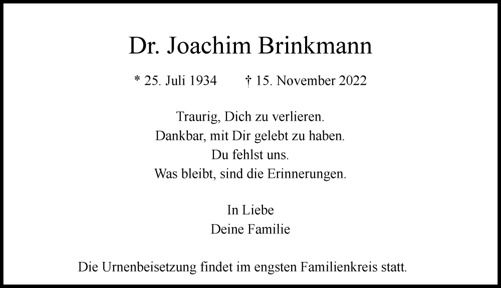  Traueranzeige für Joachim Brinkmann vom 03.12.2022 aus Hamburger Abendblatt