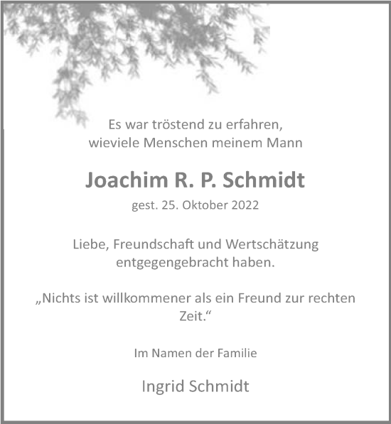 Traueranzeige von Joachim R. P. Schmidt von Hamburger Abendblatt