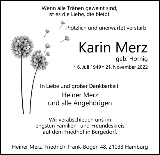 Traueranzeige von Karin Merz von Bille Wochenblatt, Bergedorfer Zeitung