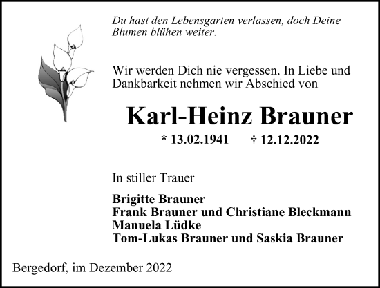 Traueranzeige von Karl-Heinz Brauner von Bergedorfer Zeitung