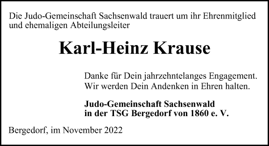 Traueranzeige von Karl-Heinz Krause von Bille Wochenblatt, Bergedorfer Zeitung