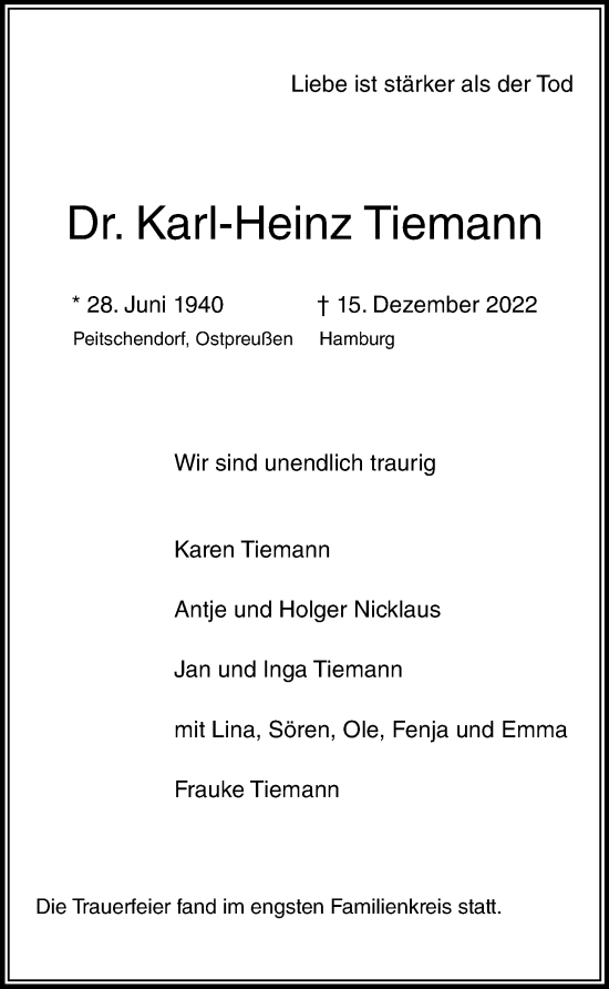Traueranzeige von Karl-Heinz Tiemann von Hamburger Abendblatt
