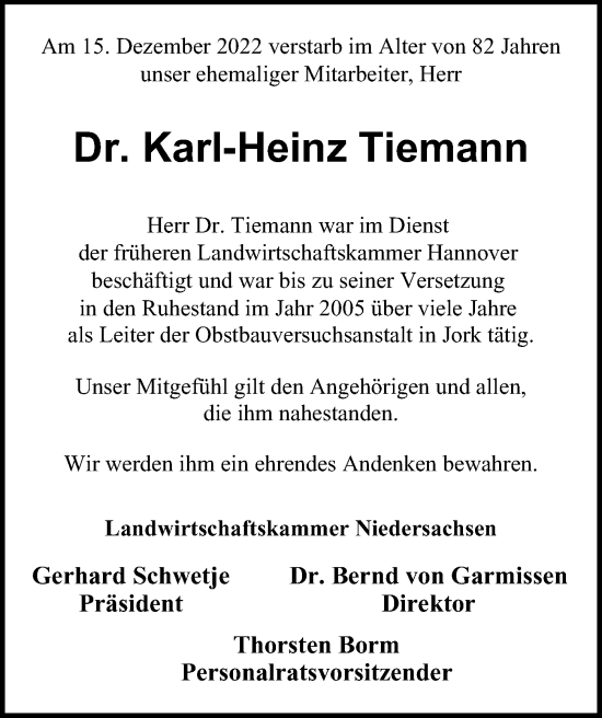 Traueranzeige von Karl-Heinz Tiemann von Hamburger Abendblatt