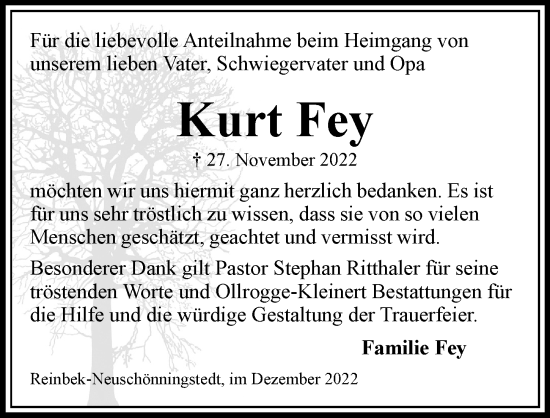 Traueranzeige von Kurt Fey von Bergedorfer Zeitung