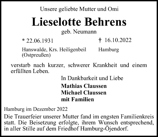 Traueranzeige von Lieselotte Behrens von Bergedorfer Zeitung