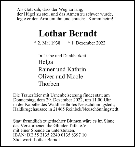 Traueranzeige von Lothar Berndt von Glinder Zeitung