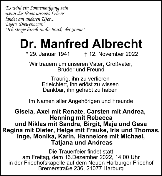 Traueranzeige von Manfred Albrecht von Hamburger Abendblatt