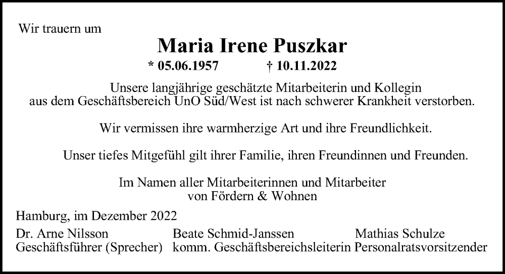  Traueranzeige für Maria Irene Puszkar vom 03.12.2022 aus Hamburger Abendblatt