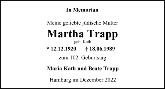 Traueranzeige von Martha Trapp von Hamburger Abendblatt