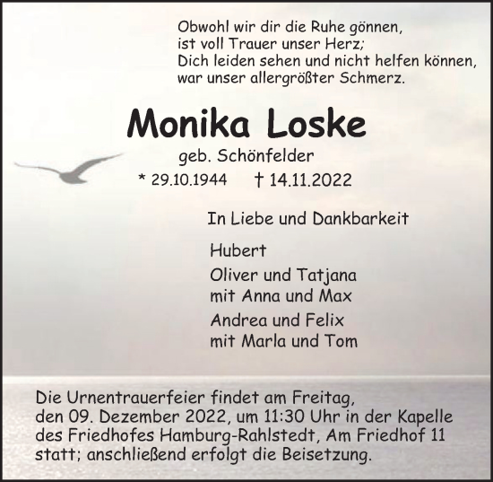 Traueranzeige von Monika Loske von Hamburger Abendblatt