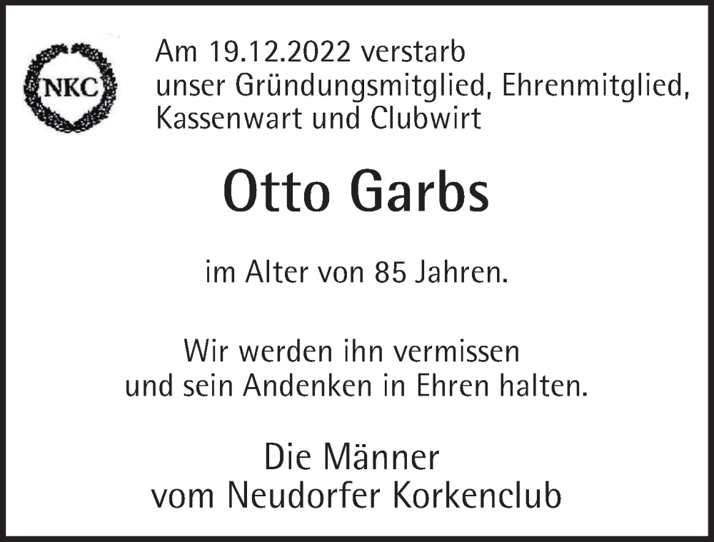  Traueranzeige für Otto Garbs vom 24.12.2022 aus Bergedorfer Zeitung