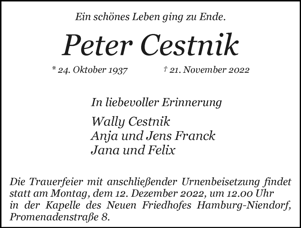  Traueranzeige für Peter Cestnik vom 03.12.2022 aus Hamburger Abendblatt