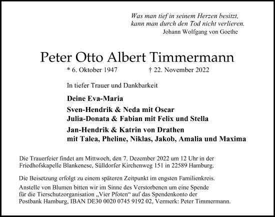 Traueranzeige von Peter Otto Albert Timmermann von Hamburger Abendblatt