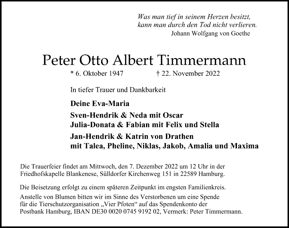  Traueranzeige für Peter Otto Albert Timmermann vom 03.12.2022 aus Hamburger Abendblatt