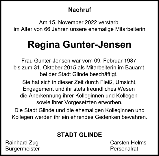 Traueranzeige von Regina Gunter-Jensen von Glinder Zeitung