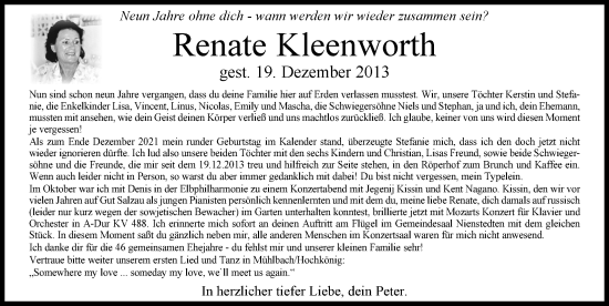 Traueranzeige von Renate Kleenworth von Hamburger Abendblatt