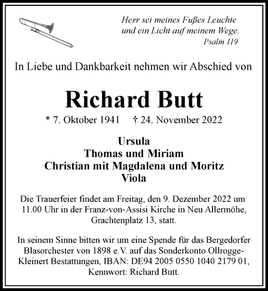 Traueranzeige von Richard Butt von Bille Wochenblatt, Bergedorfer Zeitung