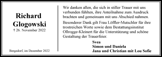 Traueranzeige von Richard Glogowski von Bergedorfer Zeitung