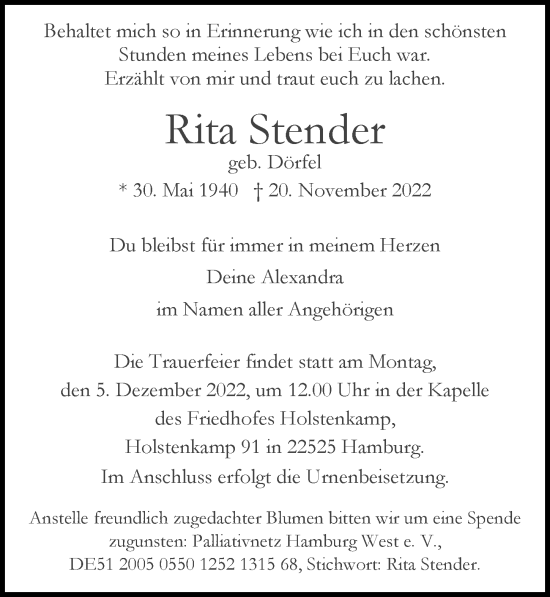 Traueranzeige von Rita Stender von Hamburger Abendblatt
