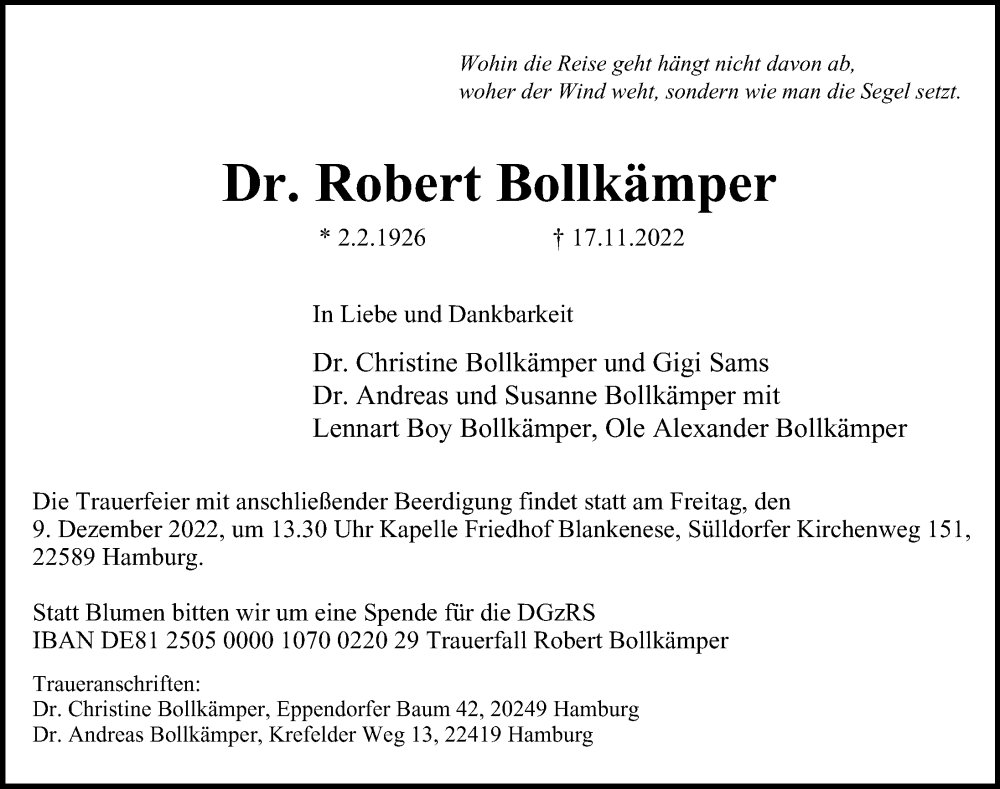  Traueranzeige für Robert Bollkämper vom 03.12.2022 aus Hamburger Abendblatt
