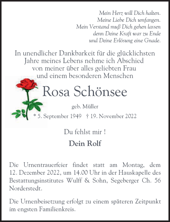 Traueranzeige von Rosa Schönsee von Hamburger Abendblatt