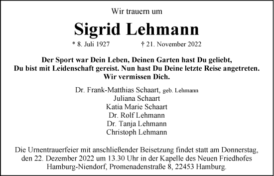 Traueranzeige von Sigrid Lehmann von Niendorfer Wochenblatt