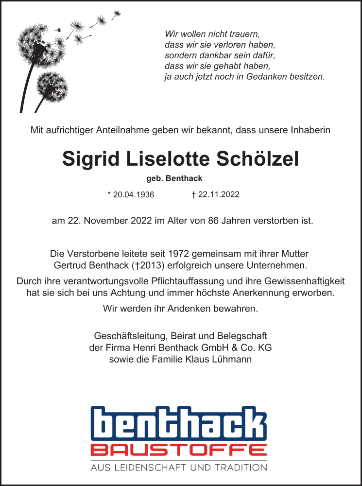  Traueranzeige für Sigrid Liselotte Schölzel vom 03.12.2022 aus Hamburger Abendblatt