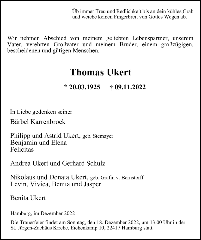  Traueranzeige für Thomas Ukert vom 03.12.2022 aus Hamburger Abendblatt