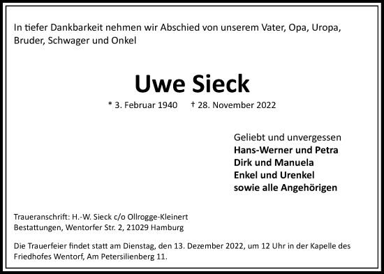 Traueranzeige von Uwe Sieck von Bille Wochenblatt, Bergedorfer Zeitung