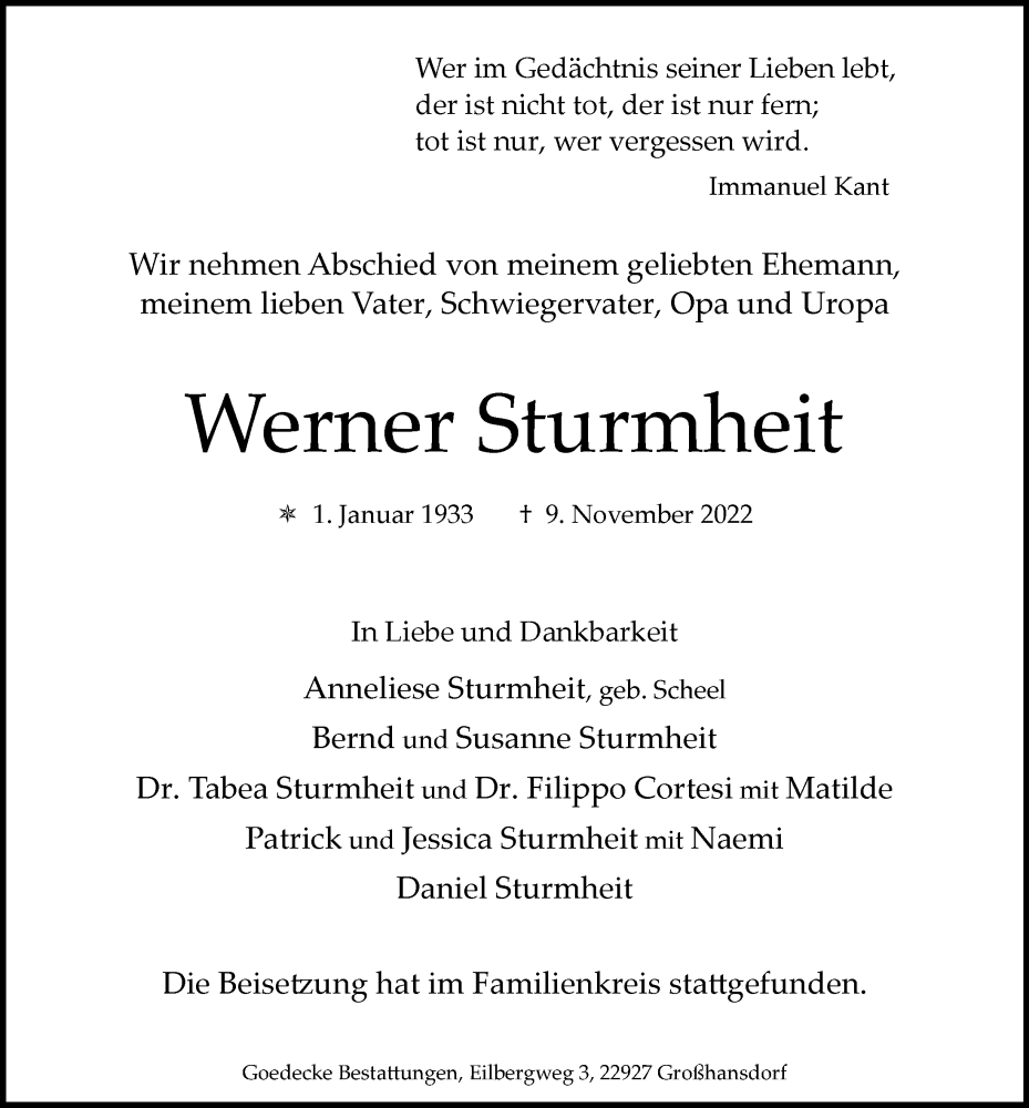  Traueranzeige für Werner Sturmheit vom 03.12.2022 aus Hamburger Abendblatt