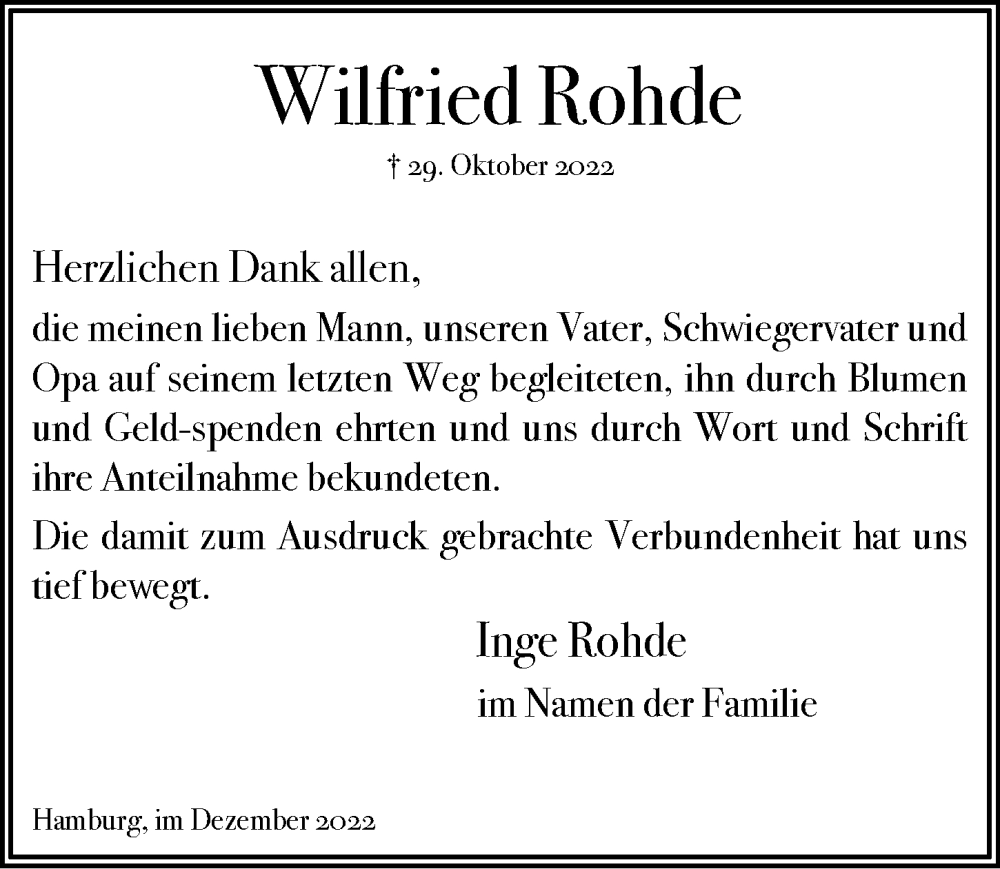  Traueranzeige für Wilfried Rohde vom 03.12.2022 aus Niendorfer Wochenblatt
