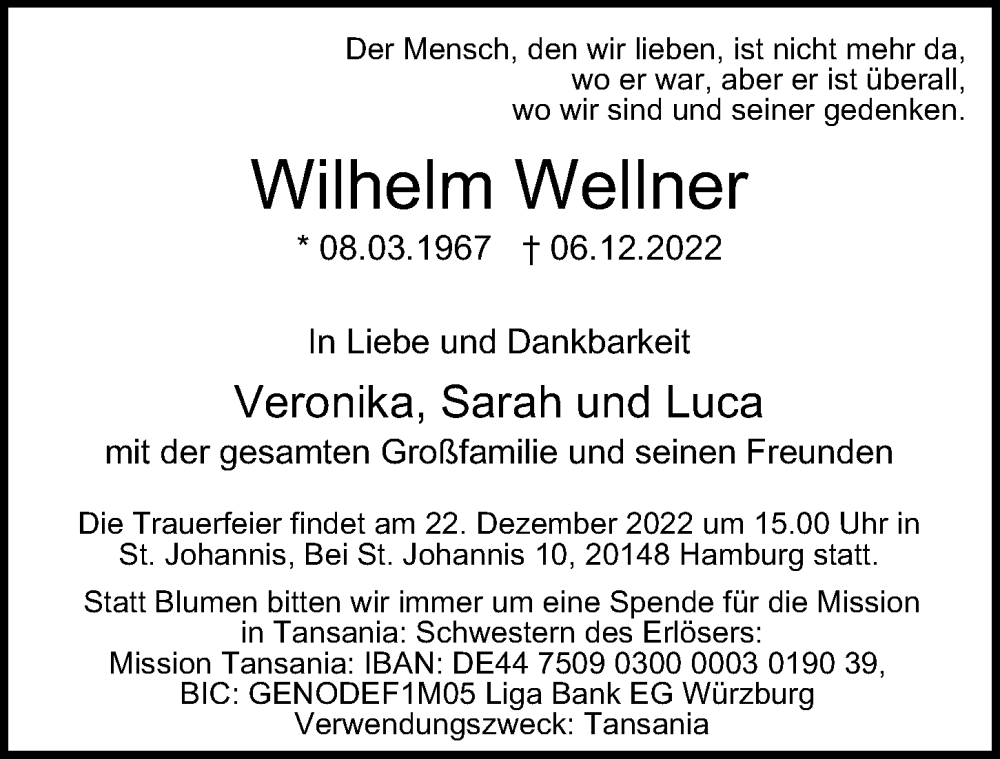  Traueranzeige für Wilhelm Wellner vom 17.12.2022 aus Hamburger Abendblatt