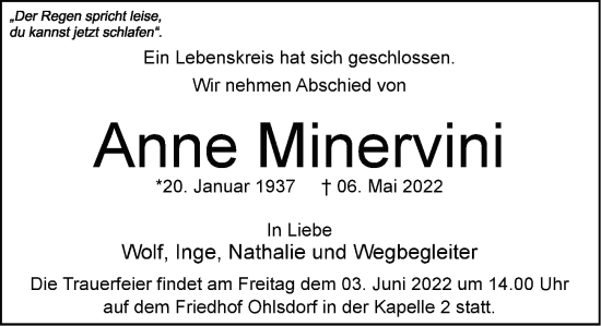 Traueranzeige von Anne Minervini von Hamburger Abendblatt