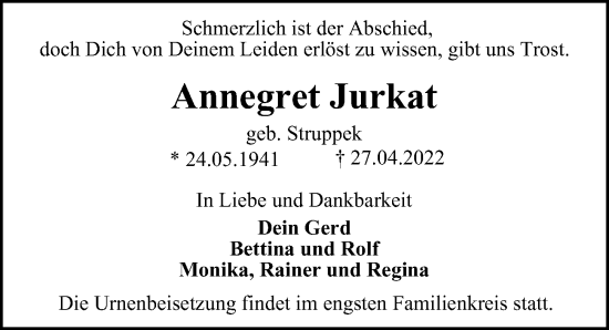 Traueranzeige von Annegret Jurkat von Hamburger Abendblatt