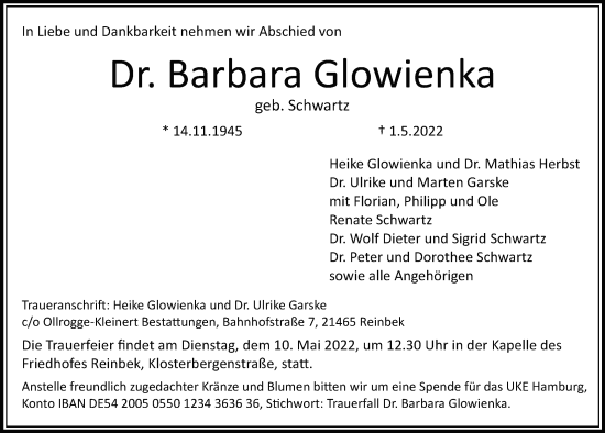 Traueranzeige von Barbara Glowienka von Hamburger Abendblatt