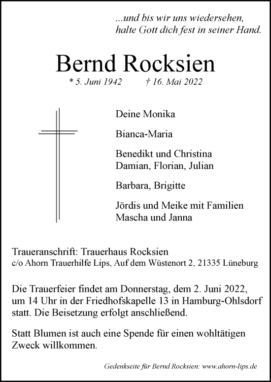 Traueranzeige von Bernd Rocksien von Hamburger Abendblatt